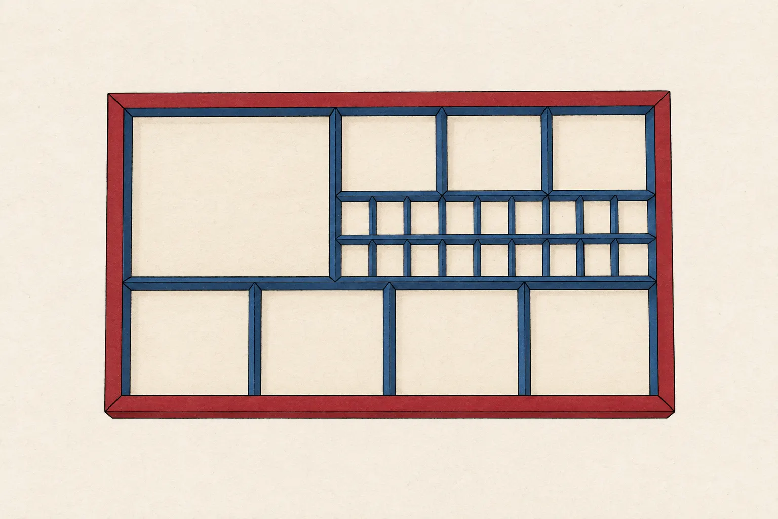 Illustration: an empty wooden type case seen from above, its compartments ranging from one very large to many small