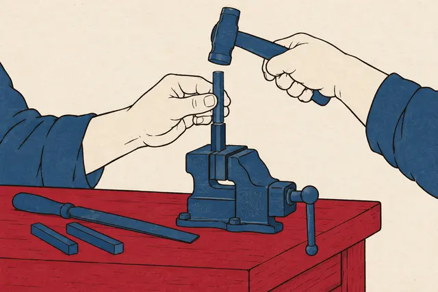 Illustration: hands at a bench vise holding a steel counterpunch upright on a clamped punch blank, a hammer raised