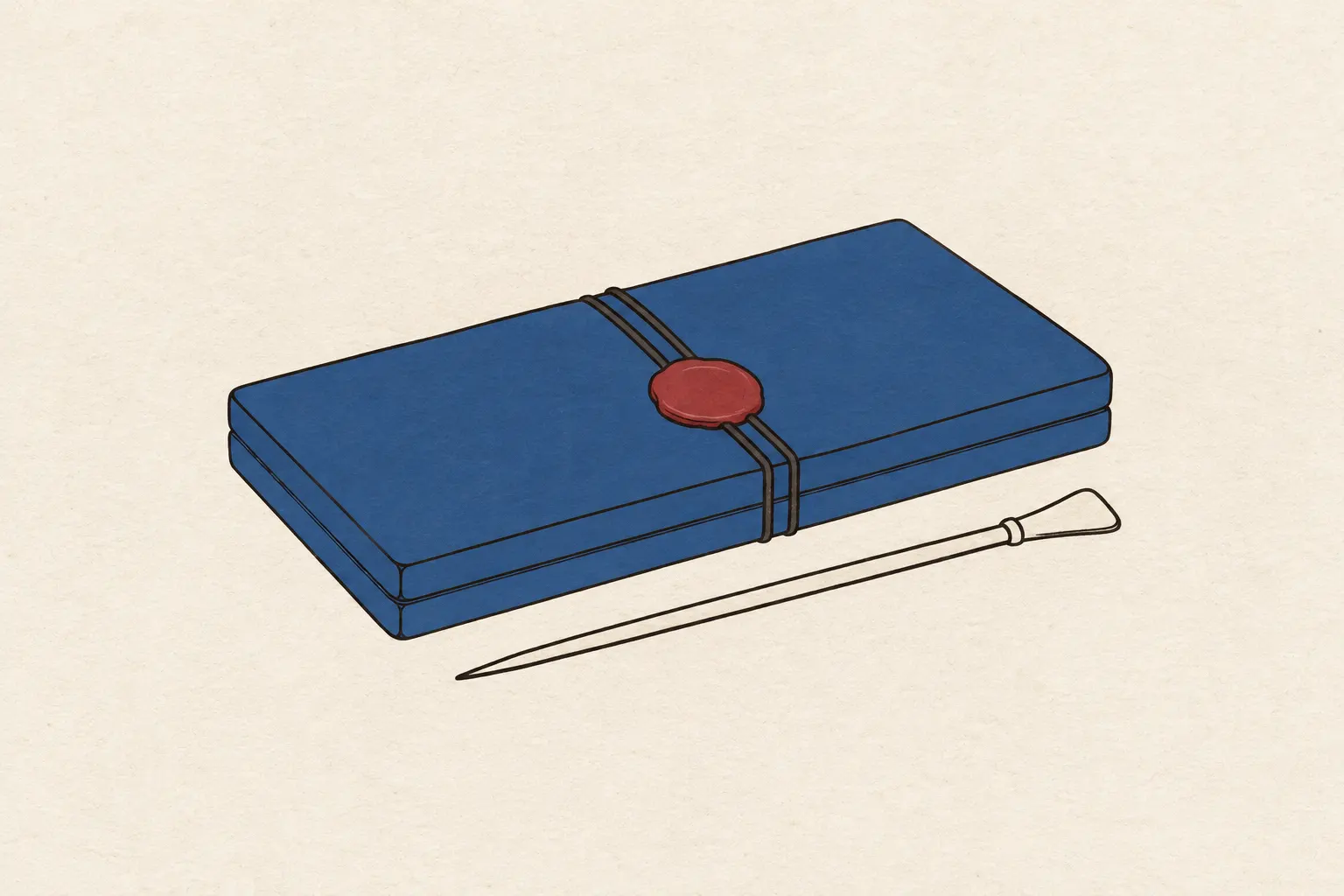 Illustration: a closed two-leaf writing tablet tied with cord and sealed with plain red wax, a stylus beside it