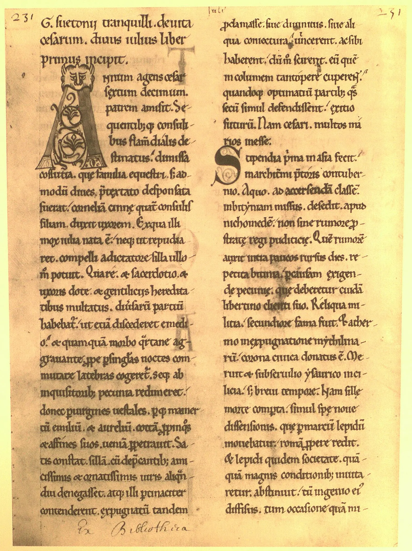Manuscript page, late 12th century: Latin title and opening of Suetonius's life of Julius Caesar, with a large decorated A