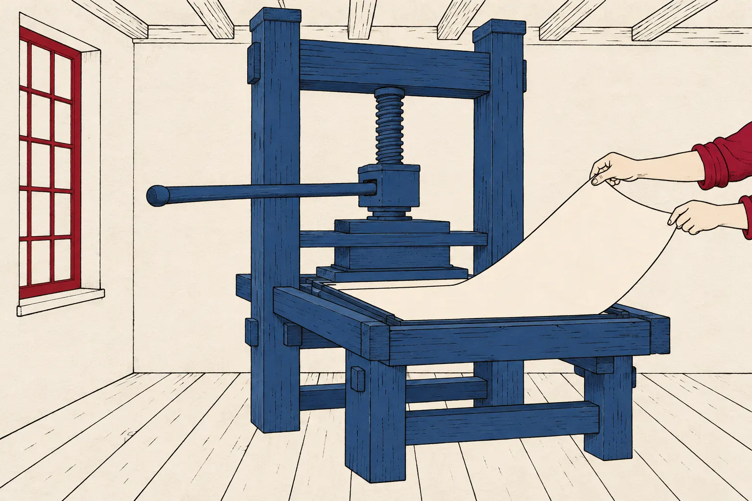 Illustration: a wooden screw press in a whitewashed workshop, two hands lifting a blank sheet off its bed