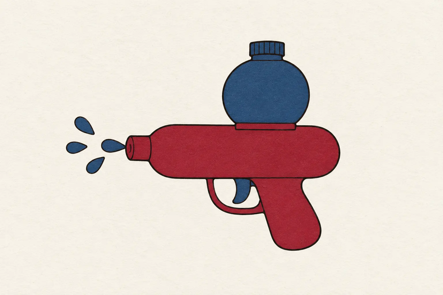 Illustration: a toy water gun seen from the side, a few droplets spraying from its nozzle