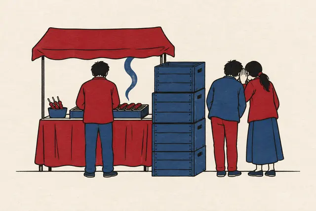 Illustration: at a market stall one person watches smoke rise from a grill; behind crates, another is told about it