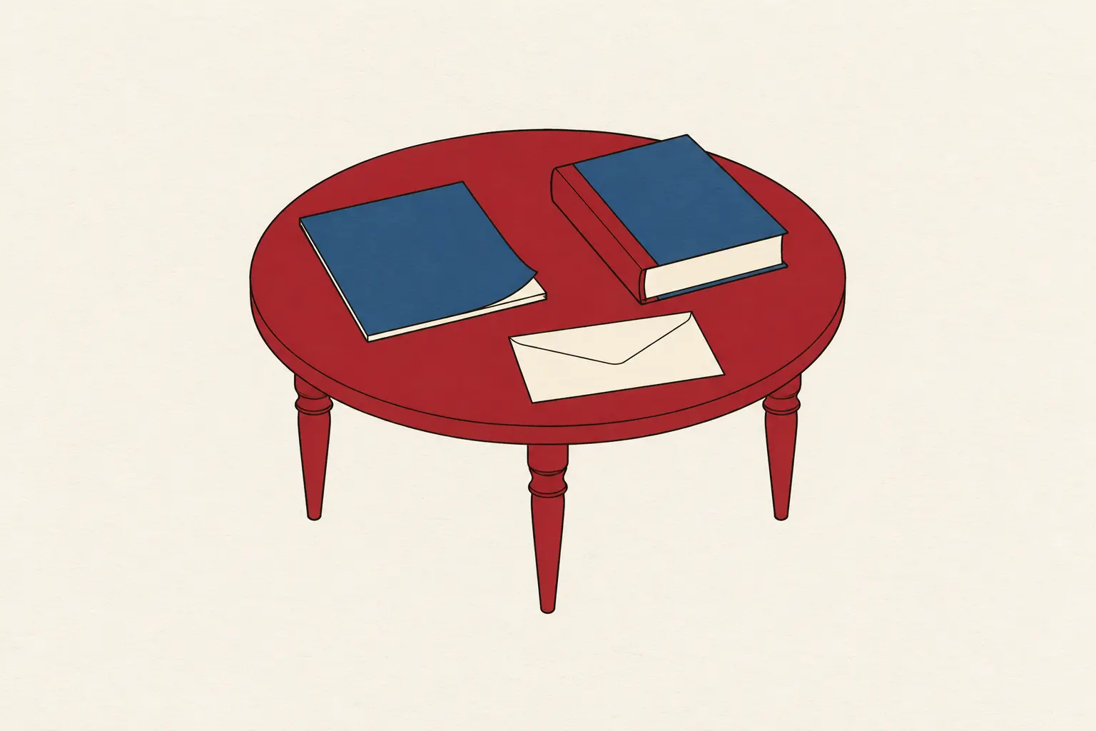 Illustration: a magazine, a closed hardback book and a plain envelope lying on a small round table