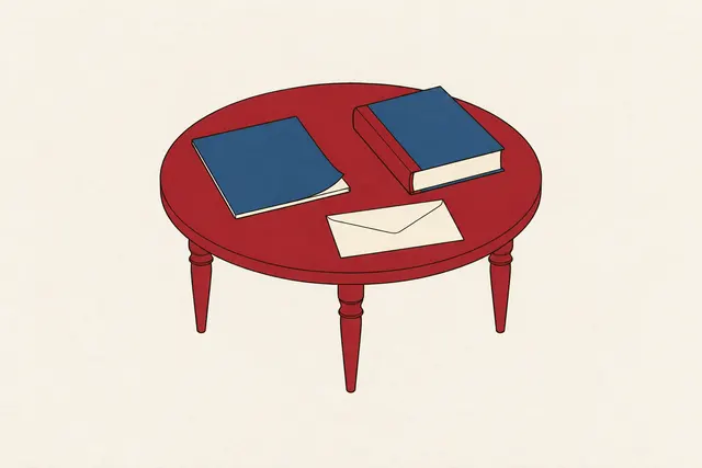 Illustration: a magazine, a closed hardback book and a plain envelope lying on a small round table