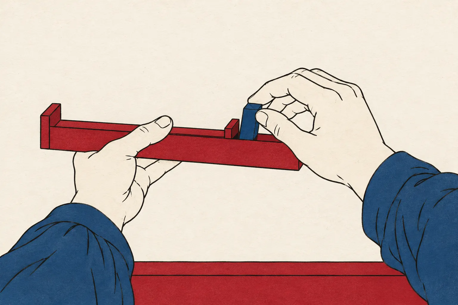 Illustration: a compositor's hands, one holding a composing stick, the other lifting a single metal type block