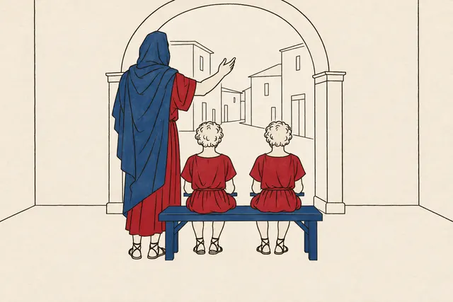 Illustration: a teacher and two children seen from behind in a small Roman schoolroom, the children side by side on a bench