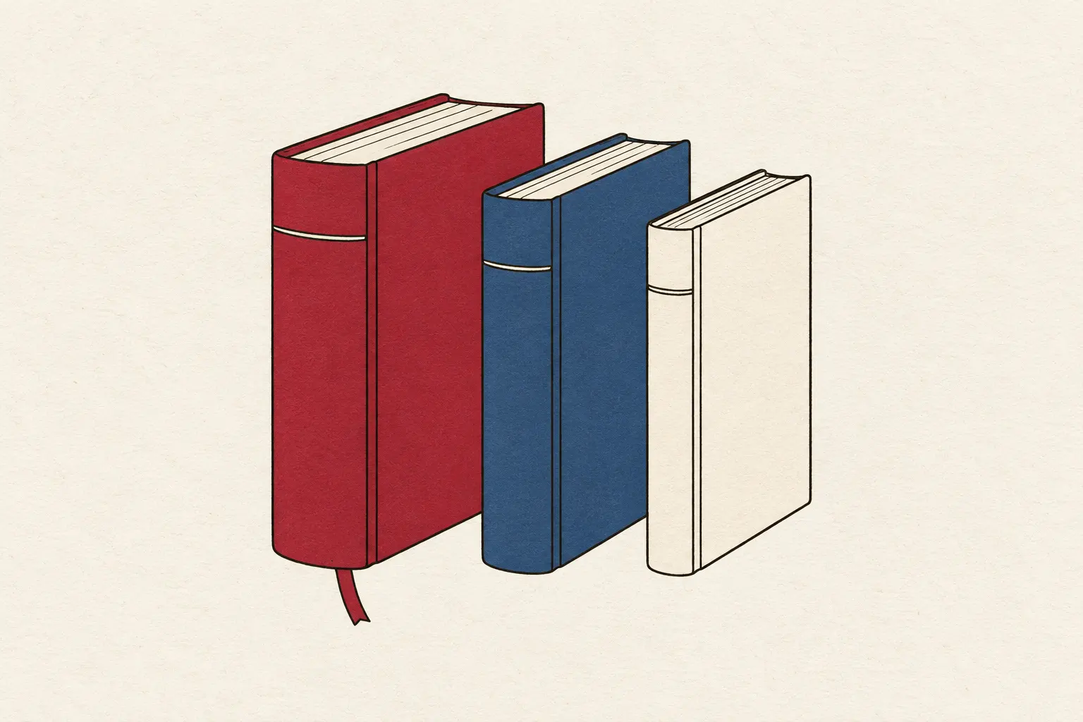 Illustration: three closed hardback novels of different thickness standing side by side, their spines plain