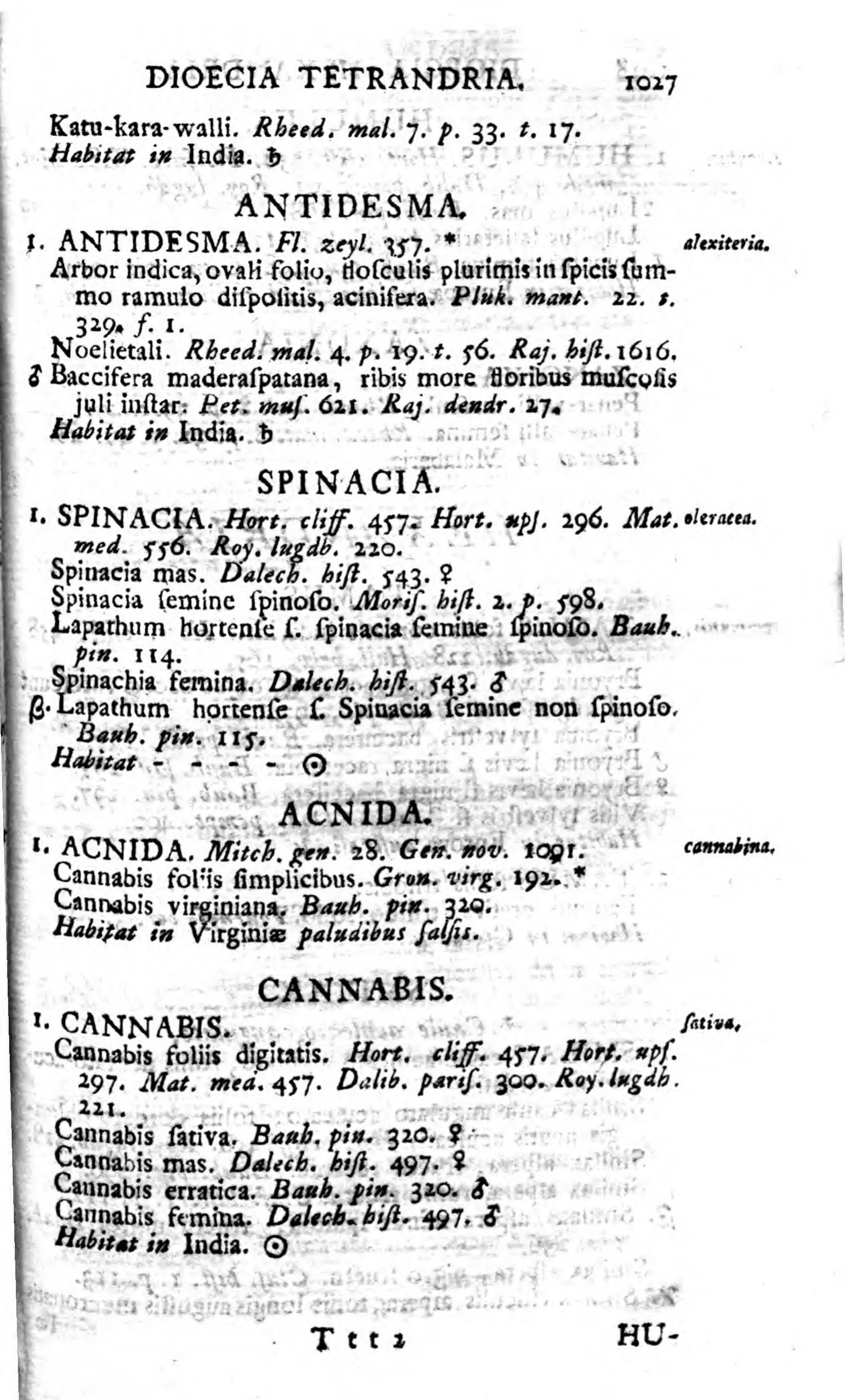 Book page from 1753 listing Spinacia and Cannabis, with the female and male signs after older plant names