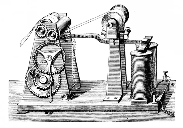 Engraving, 1873: Morse telegraph receiver, its clockwork rollers drawing a paper strip, a long lever over two coils