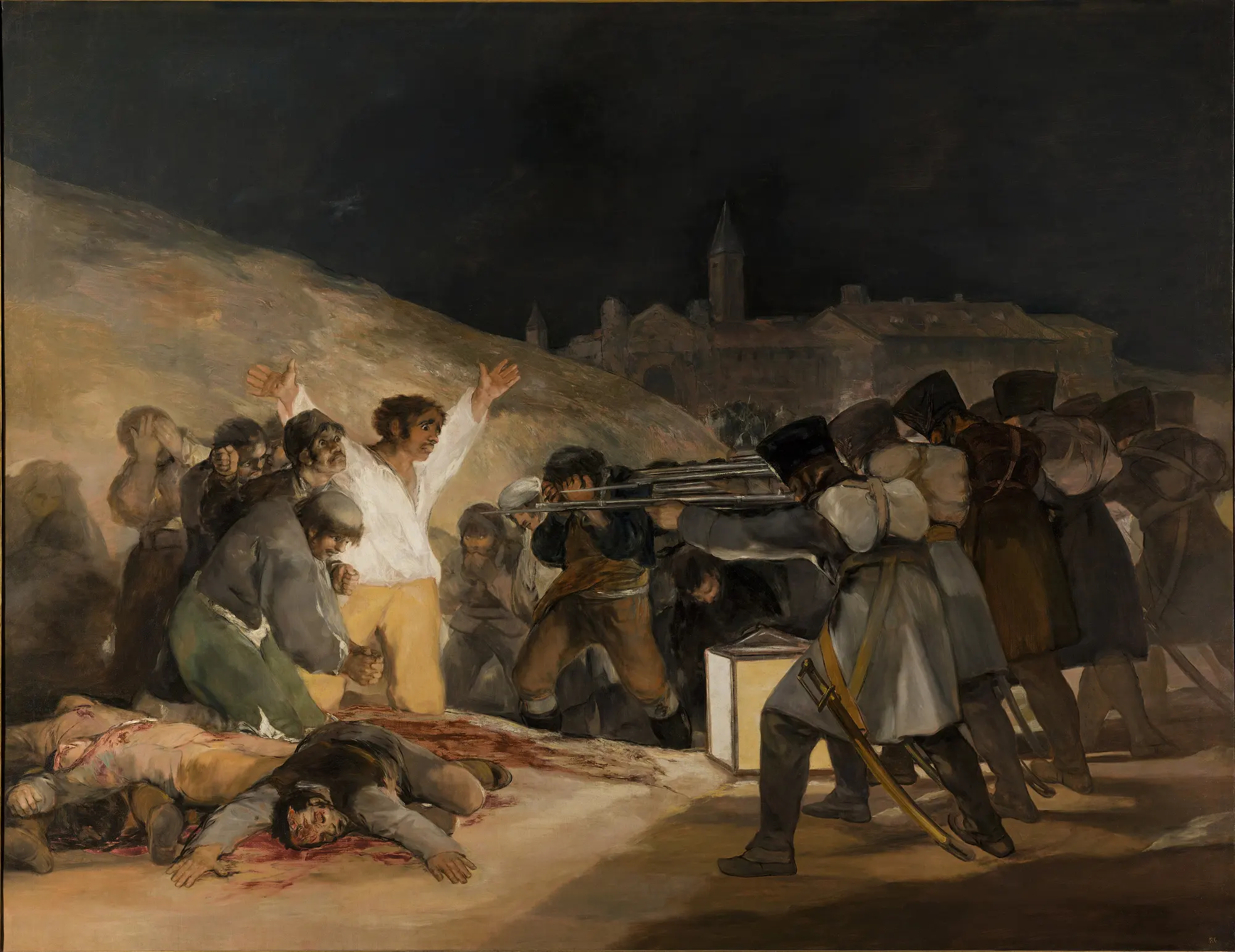 Painting: Goya's The Third of May 1808 (1814), a firing squad at night; a man in a white shirt raises both arms