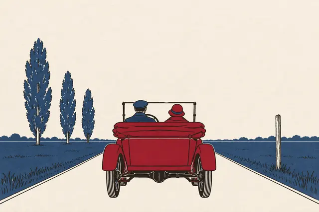 Illustration: an open touring car of the 1920s driving away down a straight country road past a bare roadside post