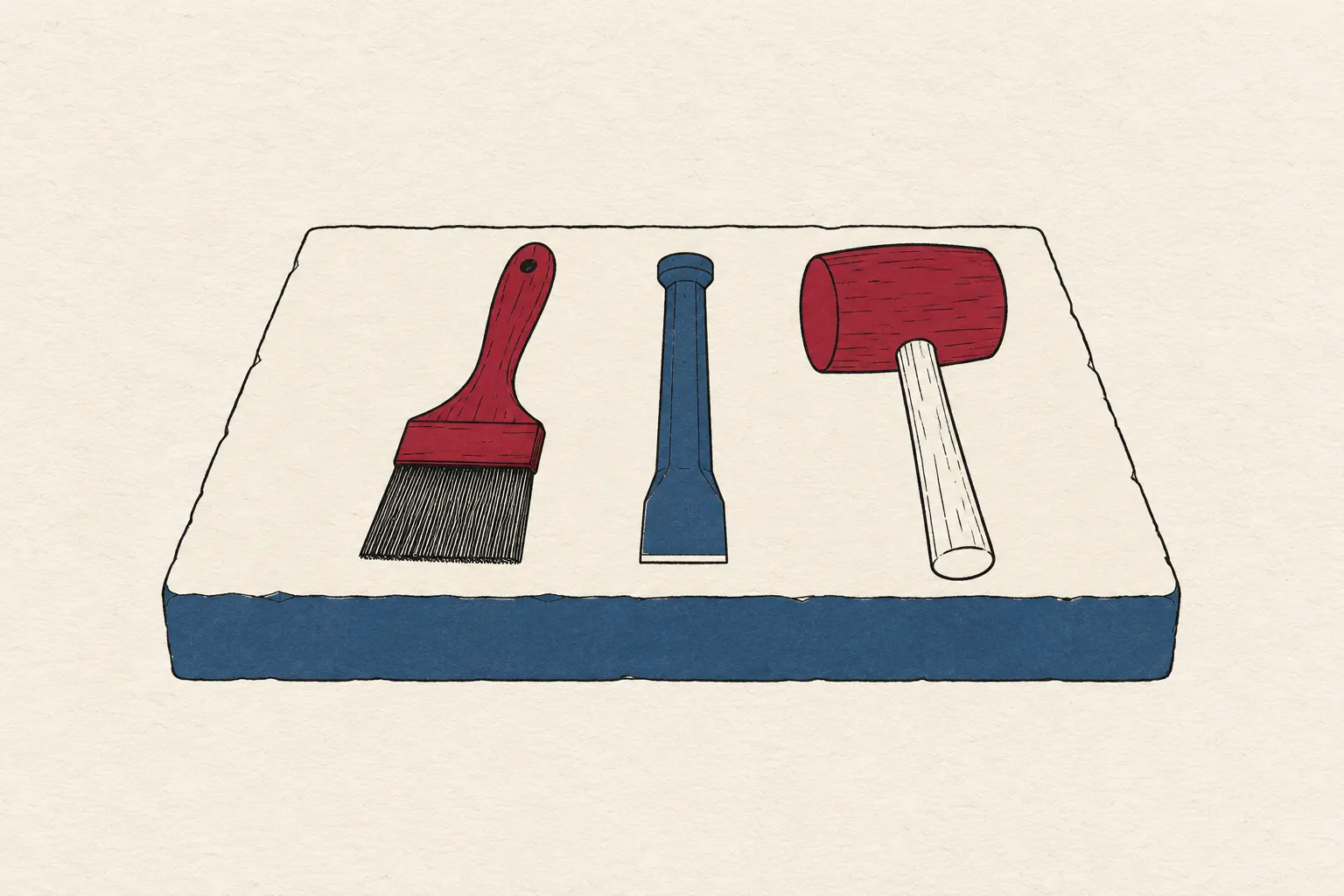 Illustration: a flat square-tipped brush, a stone-carver's chisel and a wooden mallet lying on a blank stone slab