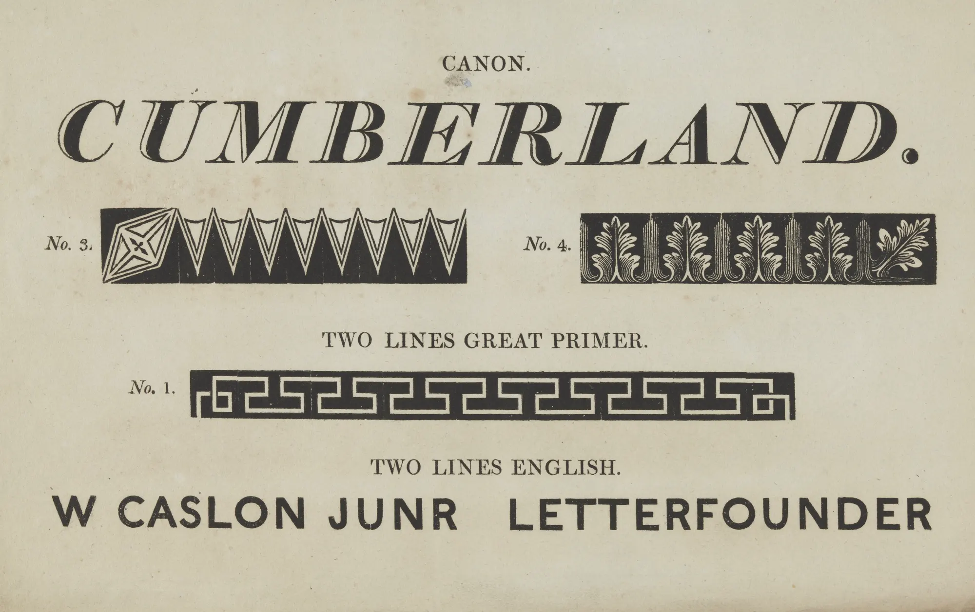Scanned type specimen page, about 1816: italic serif CUMBERLAND, ornaments, and W CASLON JUNR LETTERFOUNDER in sans serif