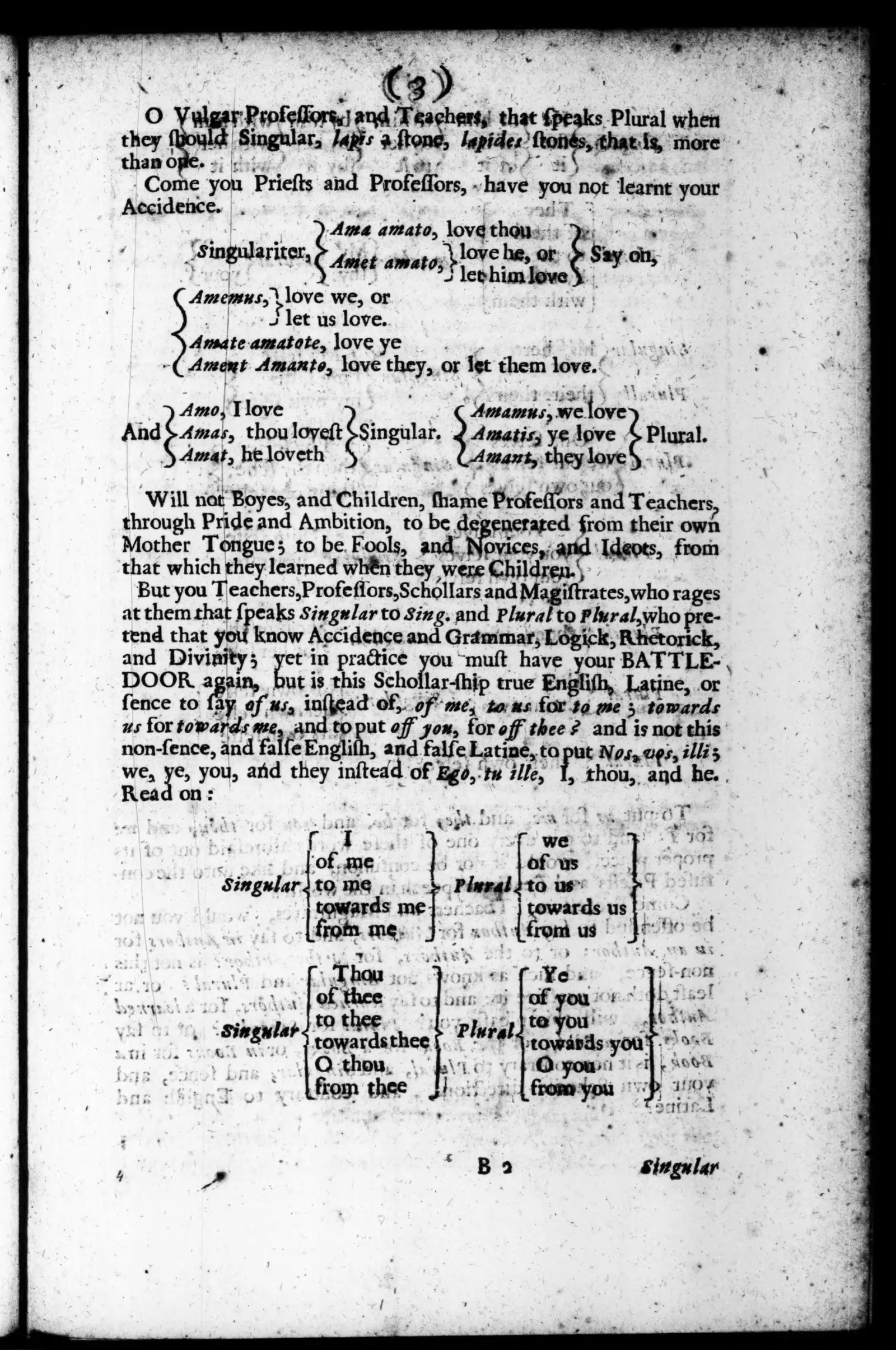 Scanned 1660 book page with bracketed tables: singular thou, of thee, to thee against plural ye, of you, to you