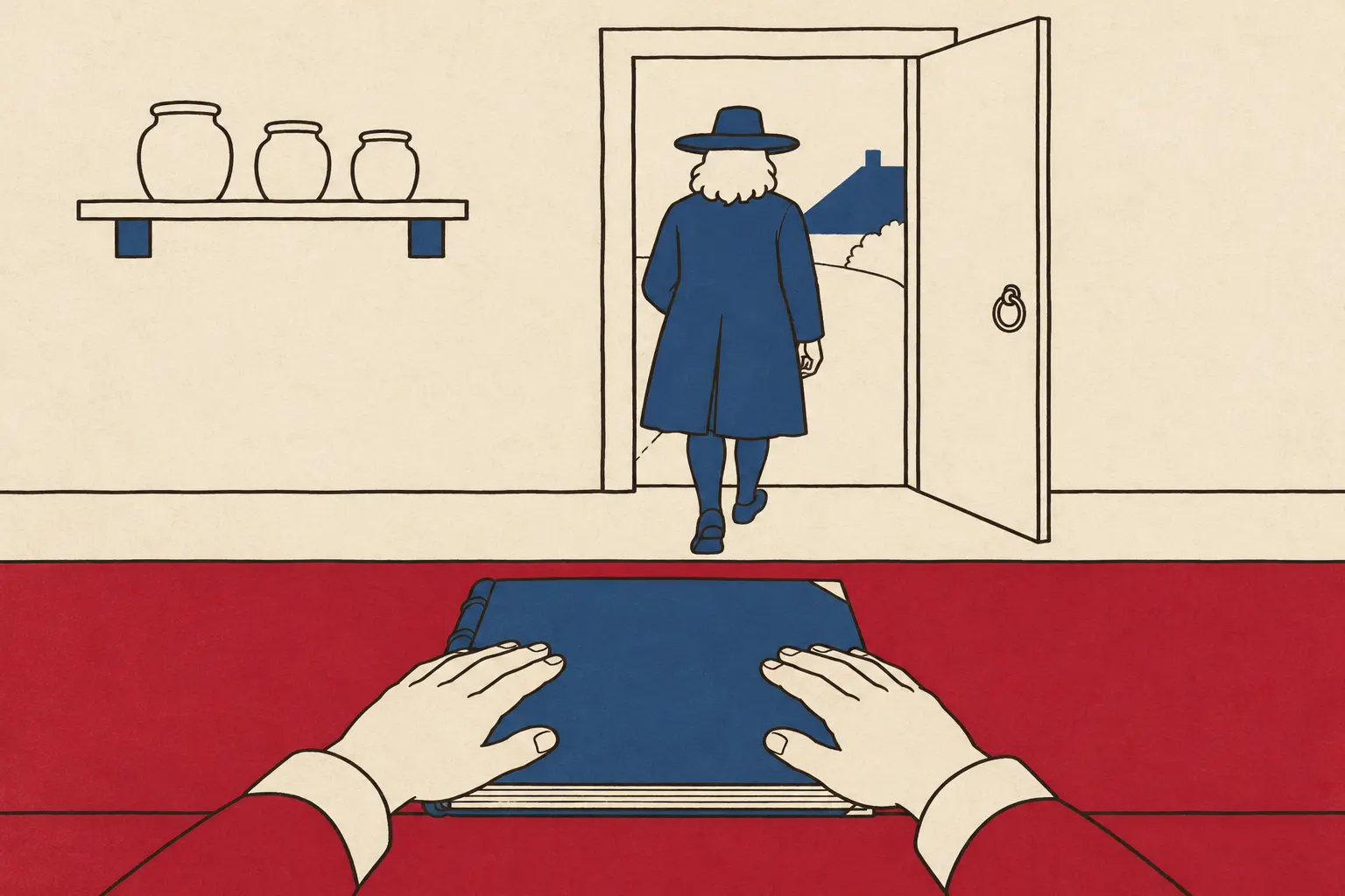 Illustration: hands resting on a closed ledger on a shop counter as a customer walks out of the open door