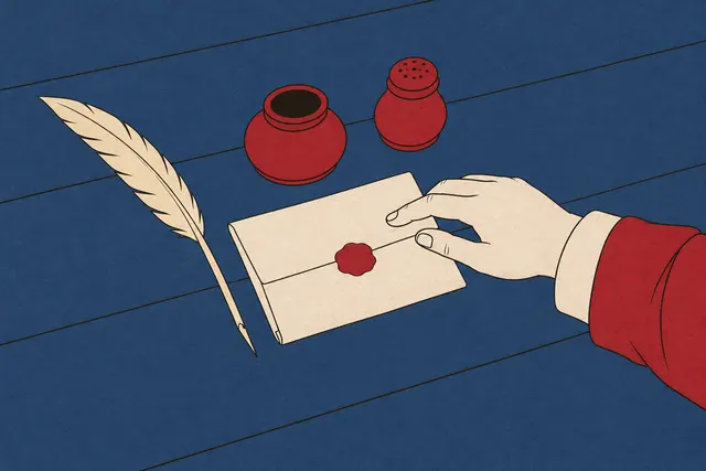 Illustration: a hand reaching for a folded letter sealed with plain red wax on a desk with a quill and inkwell