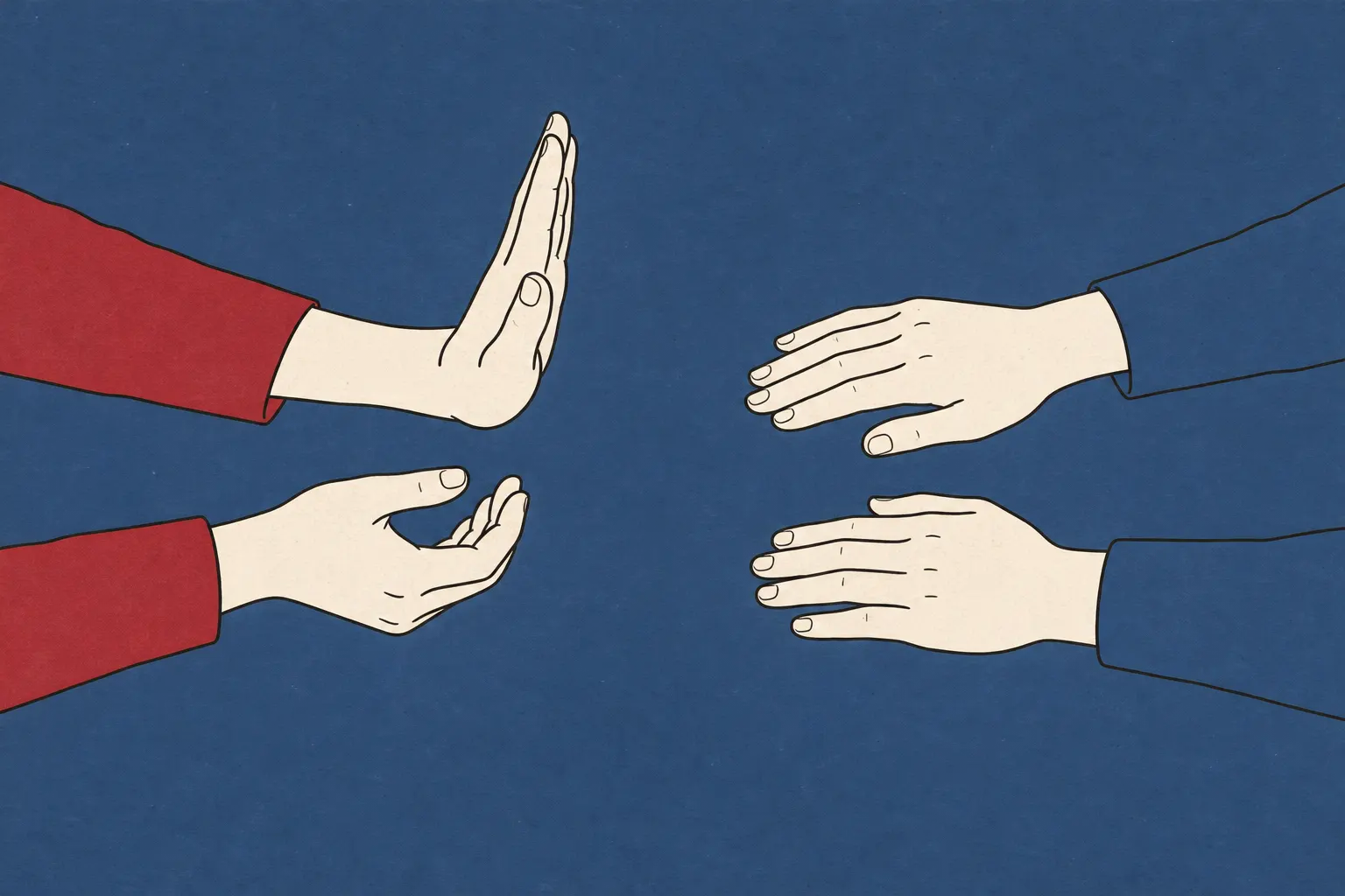 Illustration: two pairs of hands facing each other, one pair miming a push with an upright palm, the other held still