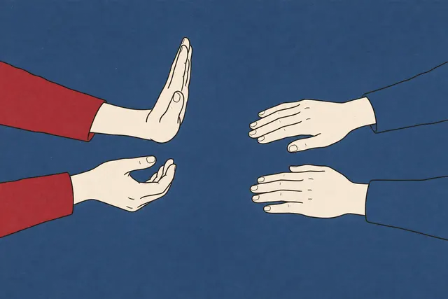 Illustration: two pairs of hands facing each other, one pair miming a push with an upright palm, the other held still